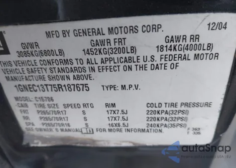 2005 Chevrolet Tahoe Lt из США, поврежденный, VIN 1GNEC13T75R187675